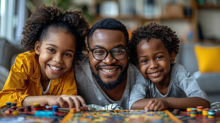 Fototapeta premium Parents and kids playing board games in the living room, laughter and joy on their faces