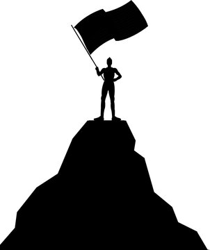 recommend clip art: Silhouette of man standing on the peak of mountain with hands up with flag on background, success, achievement and winning concept vector illustration