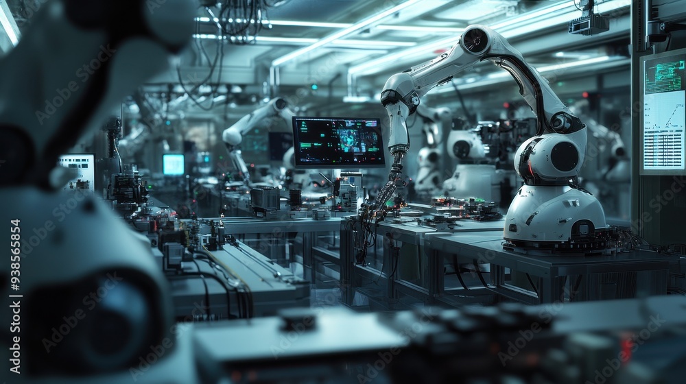 Poster futuristic robotic arm working on assembly line in a modern factory