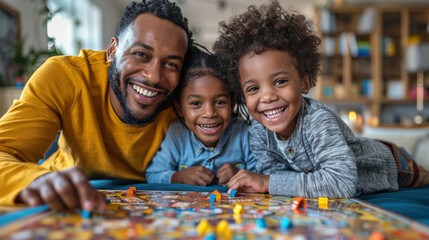 Parents and kids playing board games in the living room, laughter and joy on their faces