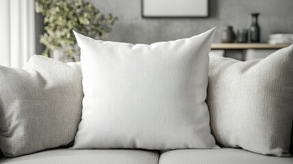 White Pillow Mockup on Grey Sofa with Natural Light and Blurred Background.