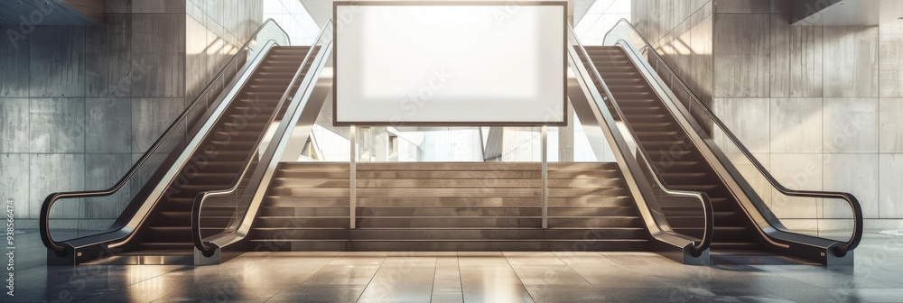 Canvas Prints A blank white horizontal poster mock-up situated indoors on stairs next to an escalator in a contemporary terminal or shopping area.