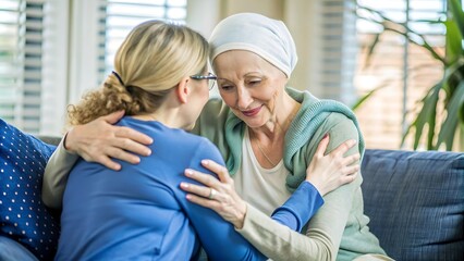 Obraz premium Woman comforts mother with cancer.