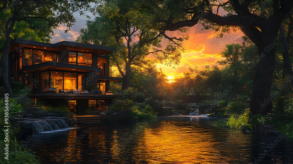 Wall mural Modern house with large windows overlooking a pond and waterfall at sunset.