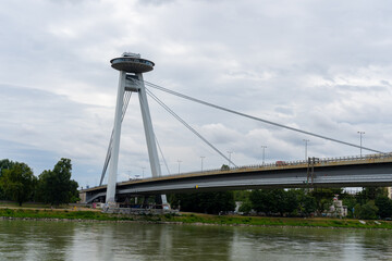 The UFO bridge (Bridge of the Slovak National Uprising) in Bratislava, Slovakia. 