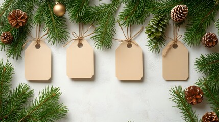Merry Christmas and Happy New Year vector card design with brown paper cut tags, on a clean white background