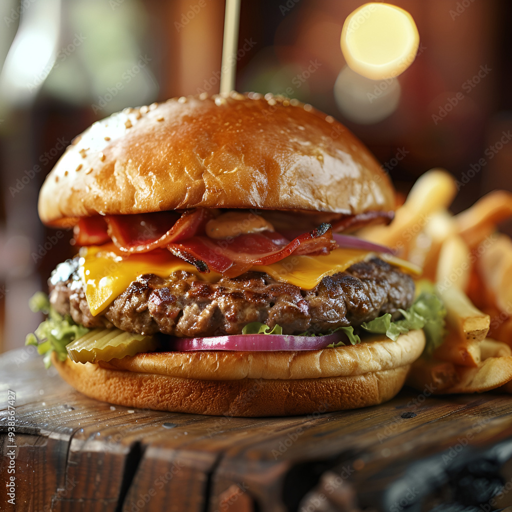 Poster delicious burger, hamburger plate illustration. fast food