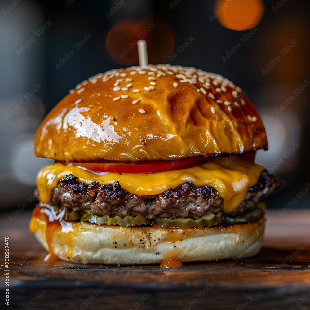 Poster delicious burger, hamburger plate illustration. fast food