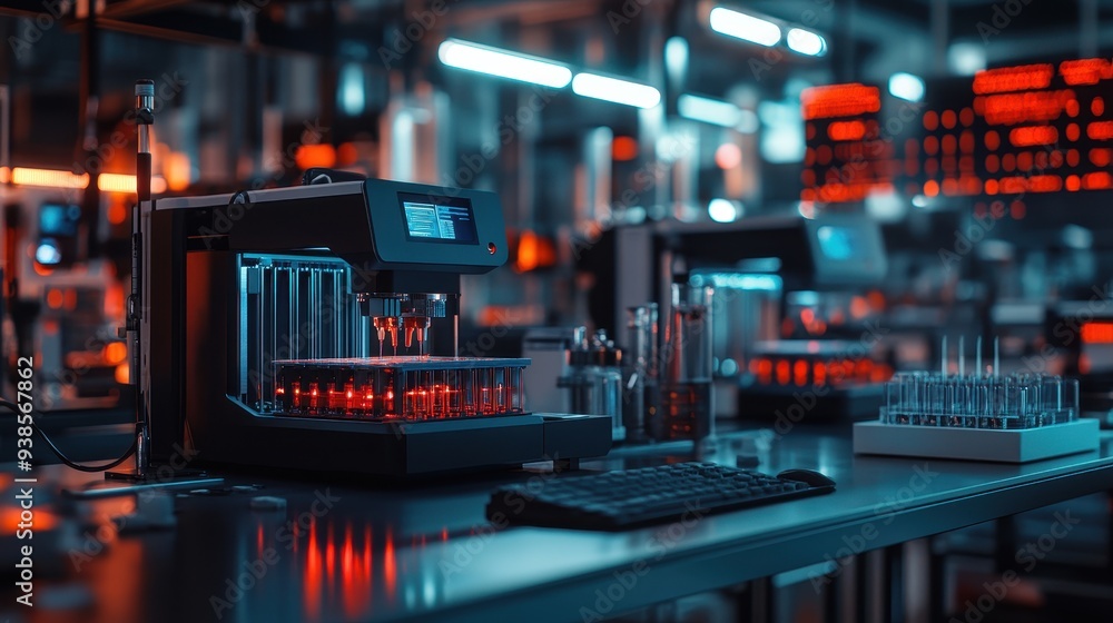 Poster automated laboratory equipment with test tubes and keyboard
