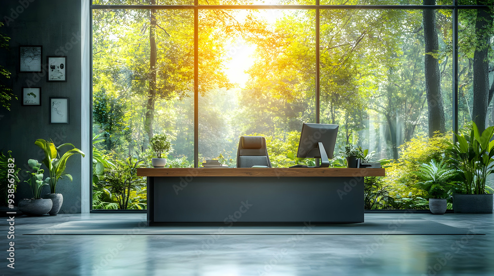 Poster modern office desk with a view of a lush forest through large windows.