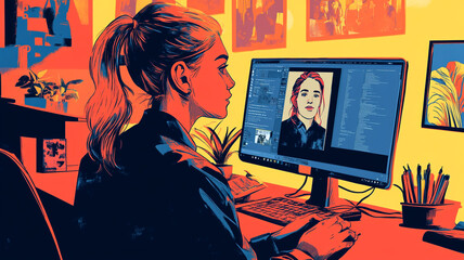 A creative individual works on digital art in a vibrant studio filled with plants and colorful artwork, showcasing passion and innovation