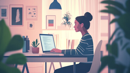 A young woman engages in focused work at a stylish home office surrounded by greenery and artistic decor during a bright day