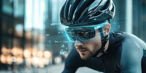 Focused cyclist wearing advanced smart glasses, capturing data in an urban environment during a training session.