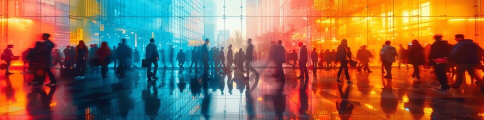 Business people walking in modern hall at conference with colorful glass walls and neon lights