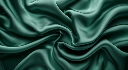 Obraz premium Dark Green Silk Satin Fabric with Wavy Drapery Texture - Luxury Background for Design, Wedding Invitation, Poster, Banner, Greeting Card - Flat Lay Top View