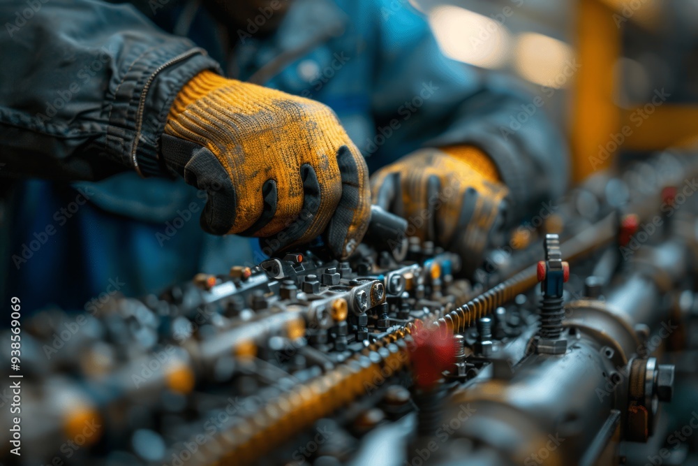 Wall mural Hands in gloves repairing car engine with tools