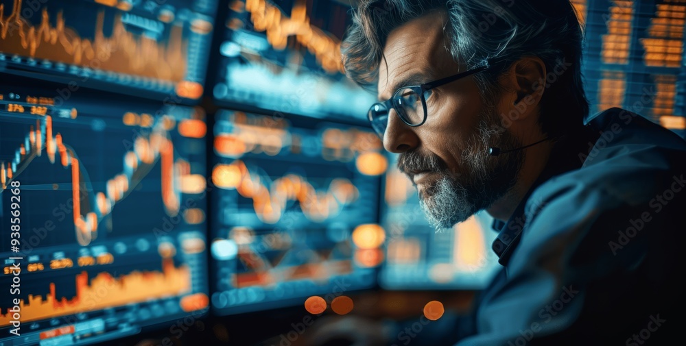 Aufkleber stock market trader analyzing financial data on multiple monitors for optimal investment strategy, h