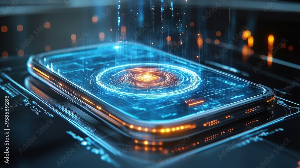 Poster futuristic smartphone with holographic interface and data flow