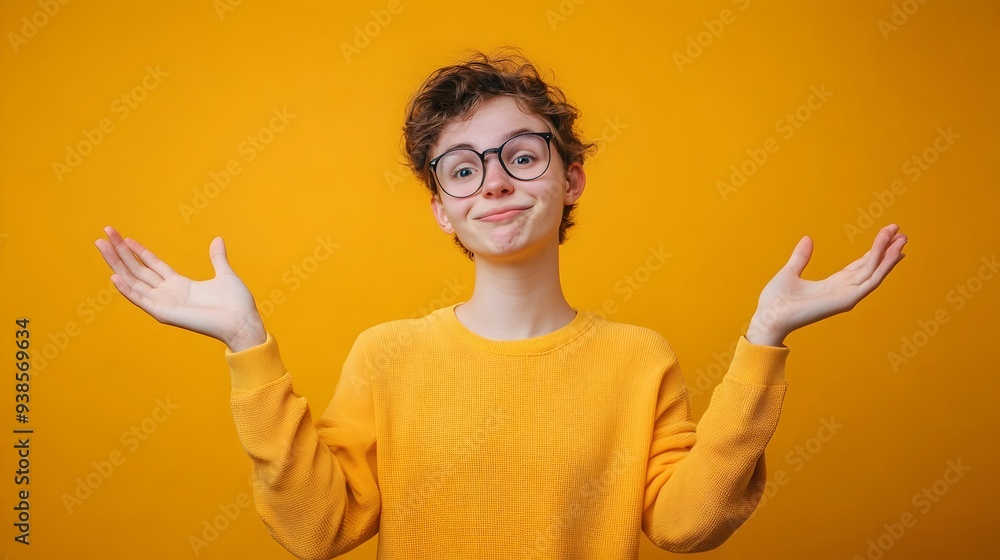 Poster photograph of a person shrugging with both hands raised in a gesture of confusion uncertainty or ind