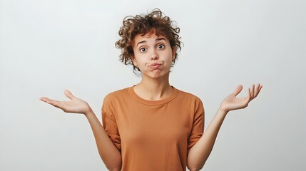 Photograph of a person shrugging with both hands raised isolated on a simple empty background  The gesture conveys uncertainty indecision or a sense of confusion or puzzlement