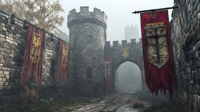 Medieval Castle Gate Entrance with Banners and Fog