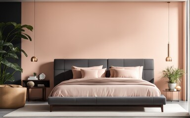 A comfy bedroom with a bed dressed in soft peach fuzz color bedding. Modern trendy tone hue shade