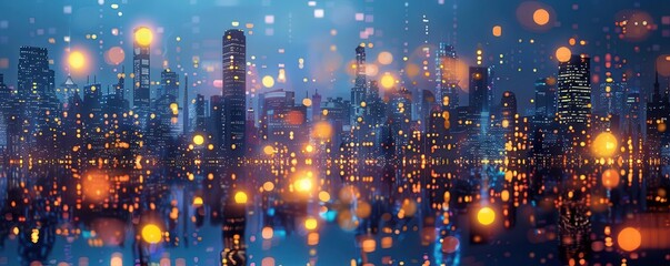 Obraz premium Cityscape at night with twinkling lights, Futuristic, Dark, Digital, Emphasizing urban energy