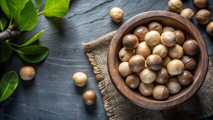 Macadamia Nuts in a Wooden Bowl.