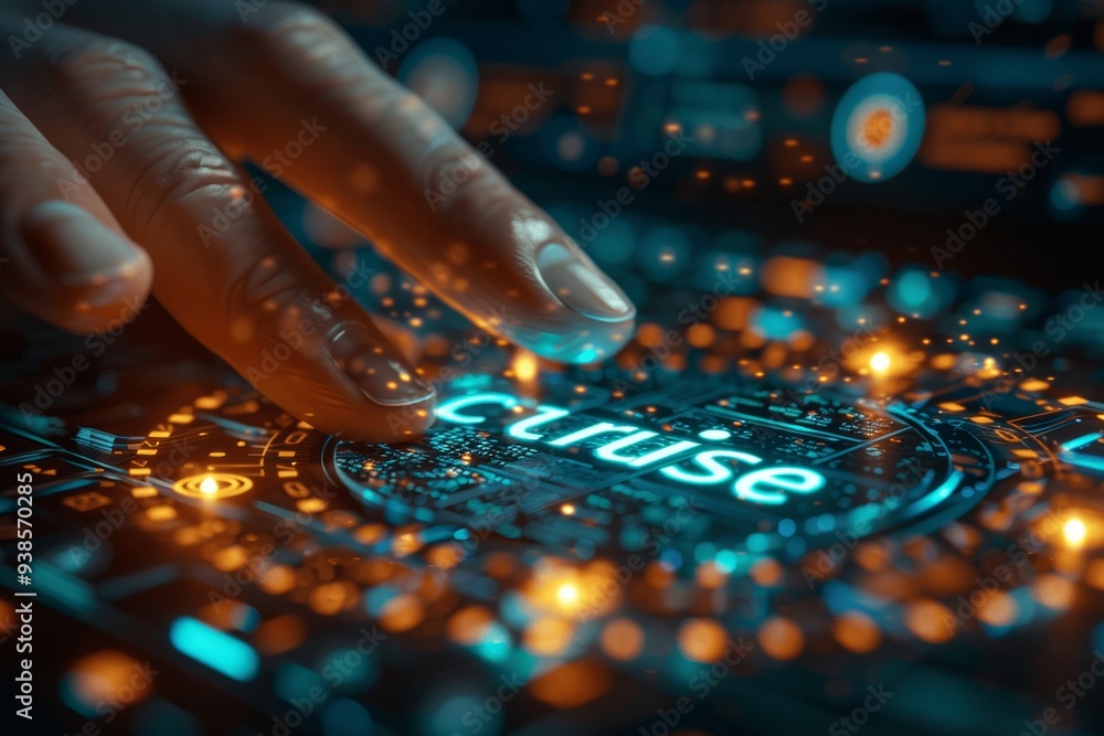 Poster close up of hand typing on laptop keyboard with 3d security padlock and futuristic hologram for data