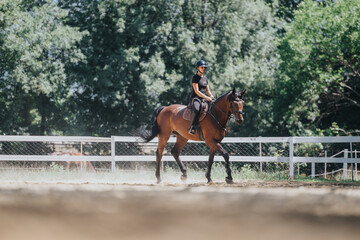 Woman riding a brown horse in an outdoor arena on a sunny day, highlighting equestrian training and...