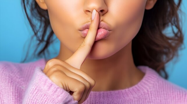 Portrait of a person making a shh gesture with their finger over their lips isolated on a plain background  Concept of silence discretion or keeping a secret