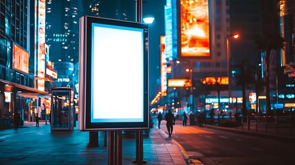 Blank white vertical digital billboard poster on city street bus stop sign at night, blurred urban background with skyscraper, people, mockup for advertisement, marketing