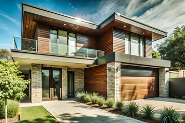 Fototapeta premium Modern house with a wooden facade and a glass balcony.