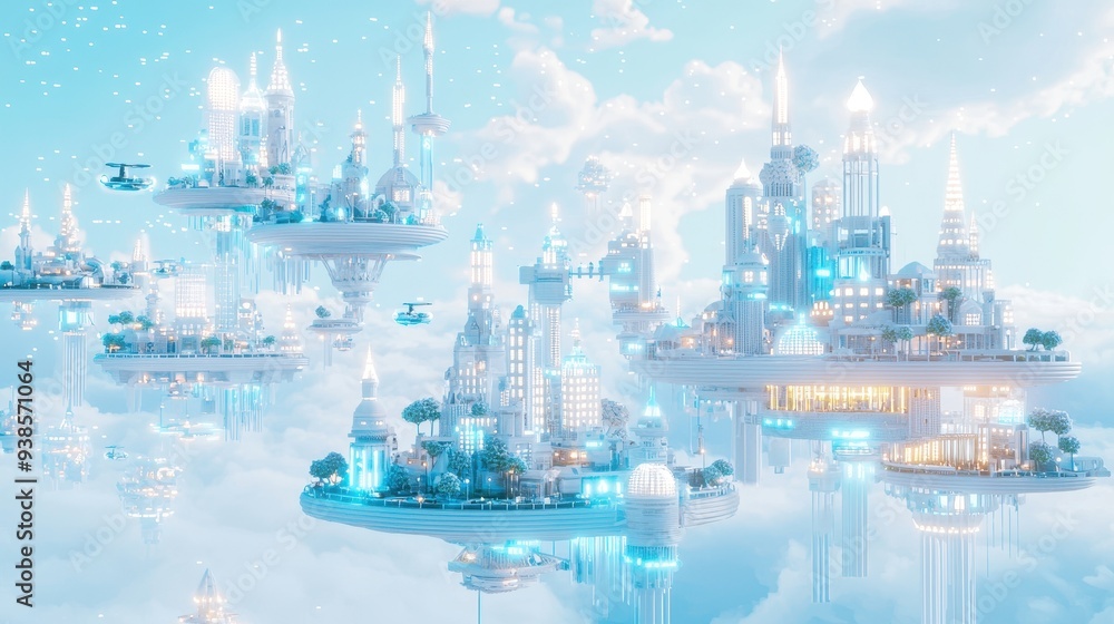 Poster futuristic floating cityscape in the clouds