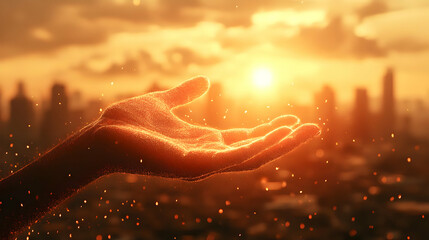 Open hand reaching towards bright sun with city lights in background.