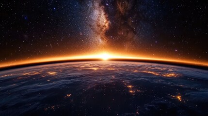 Obraz premium The Milky Way galaxy glowing brightly over Earth, with stars scattered across the sky