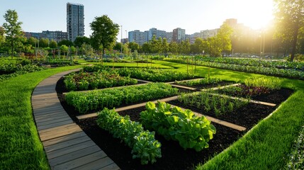 A communal garden in the middle of a busy metropolis serving as a representation of green spaces in cities