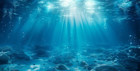 Fototapeta premium Sunlit Underwater Scene with Blue Ocean Floor and Bubbles
