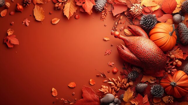 6. Thanksgiving theme, warm orange and brown background with turkey and pumpkin decorations, autumn leaves and cornucopia scattered, cozy and festive, 3D illustration