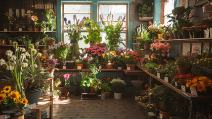 A bustling flower shop with a vibrant selection of colorful blooms, ready to brighten anyoneâ€™s day.