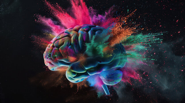 A colorful brain made of a powder paint explosion on a black background