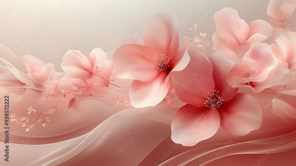 Poster Pink flower petals on a soft pink background with wavy fabric.