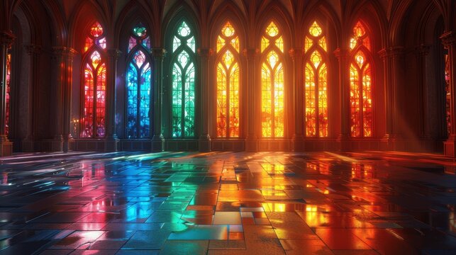 Colorful Stained Glass with Gothic Arches and Symmetrical Patterns