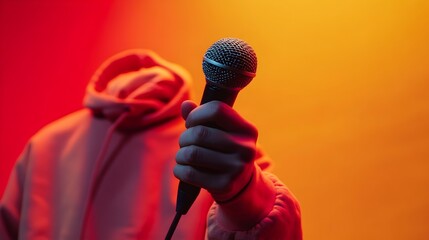 Energetic and charismatic solo singer passionately performing with a pretend microphone against an isolated background showcasing their musical talent and vocal abilities