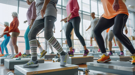 A group of senior adults doing step sports in an indoor gym