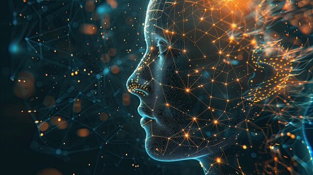 Futuristic 3D profile of human face with glowing neural connections in digital space.Artificial intelligence in the modern world.Free space