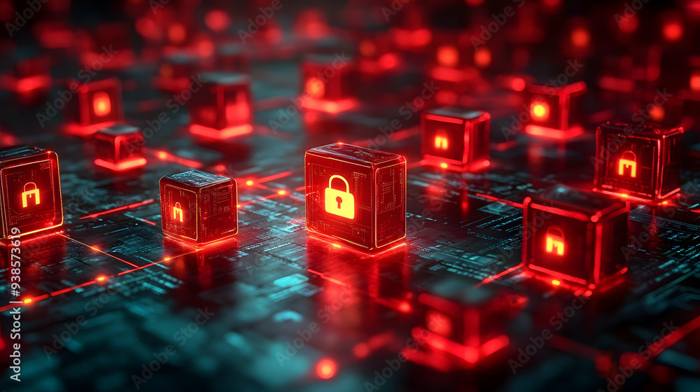 Poster red glowing cubes with padlock symbols on a futuristic circuit board.