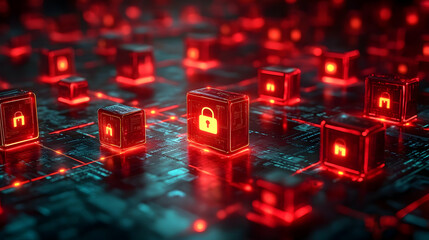 Red glowing cubes with padlock symbols on a futuristic circuit board.
