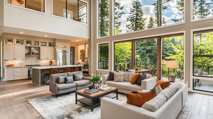 Beautiful living room interior in new luxury home with open concept floor plan. Shows kitchen, dining room, and wall of windows with amazing exterior