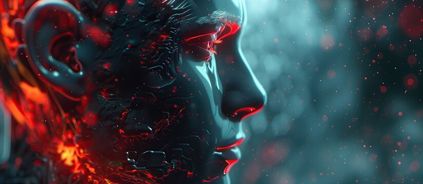 Futuristic 3D profile of human face with glowing neural connections in digital space.Artificial intelligence in the modern world.Free space